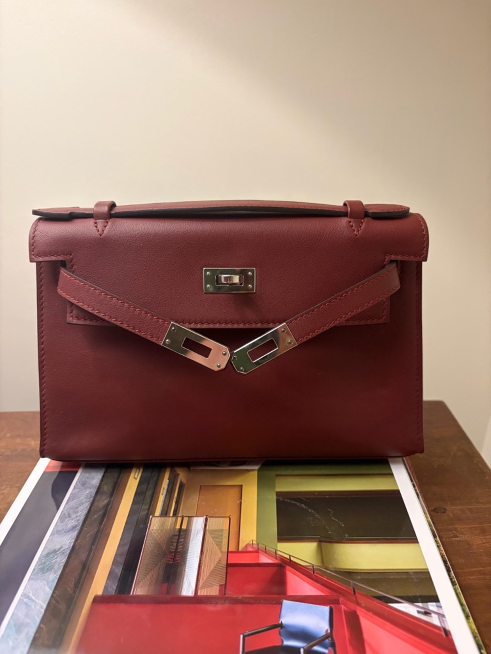 Unbranded H Kelly Pochette Style Bag Burgundy Silver Hardware Clutch